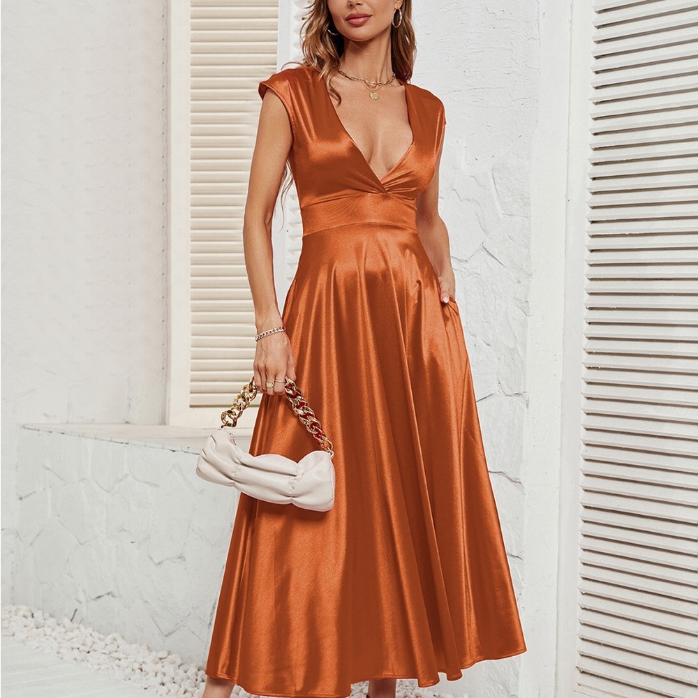 Satin V-Neck Midi Dress in Burnt Orange